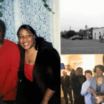 A collage of vintage photos. Left photo has two Black women sitting in chairs smiling with blue lace curtains in the background -circa 1990s; Top right photo is black and white and shows a storefront with a sign that reads "Johnson's Market"; bottom photo shows five older Black women standing together smiling -circa 1990s.