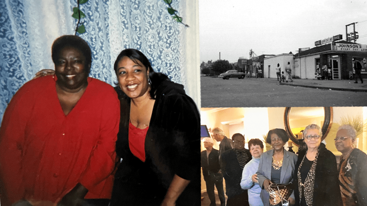 A collage of vintage photos. Left photo has two Black women sitting in chairs smiling with blue lace curtains in the background -circa 1990s; Top right photo is black and white and shows a storefront with a sign that reads 