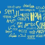Graphic with blue background and yellow text with the word "hello" written in many different languages.