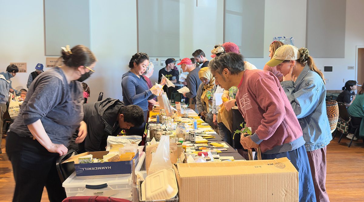 A group of people standing along both sides of a long table holding plant starts and looking at packs of seeds laid out on the table.