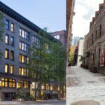 exterior photo of brick facade with windows glowing with light. View down an alley in Pioneer square paved with bricks, walls hung with art and rail road ties exposed in the paving.