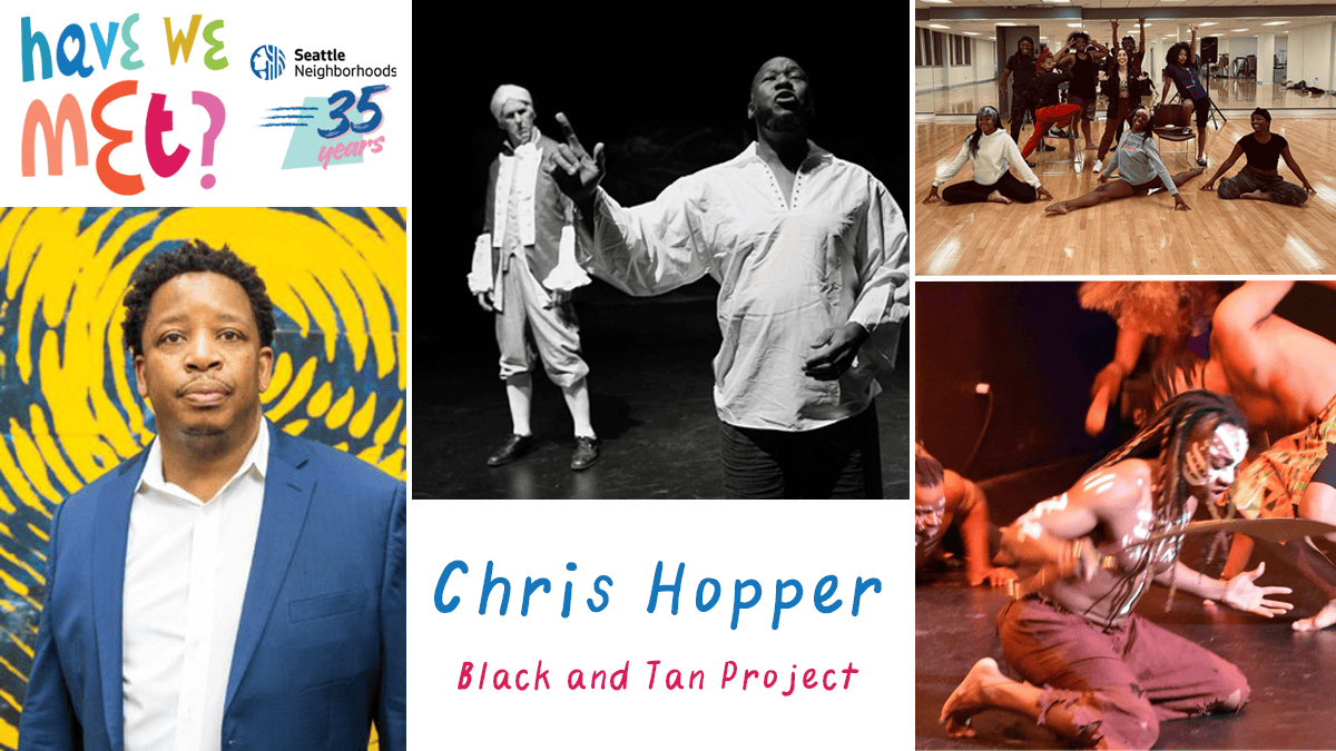 Collage of theater performance photos and a headshot of a Black man with short hair and a blue suit jacket. Text: