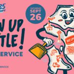 Pink background with silly character. Text reads: Show Up, Seattle, Day of service. September 26. Join us. Seattle.gov/day-of-service