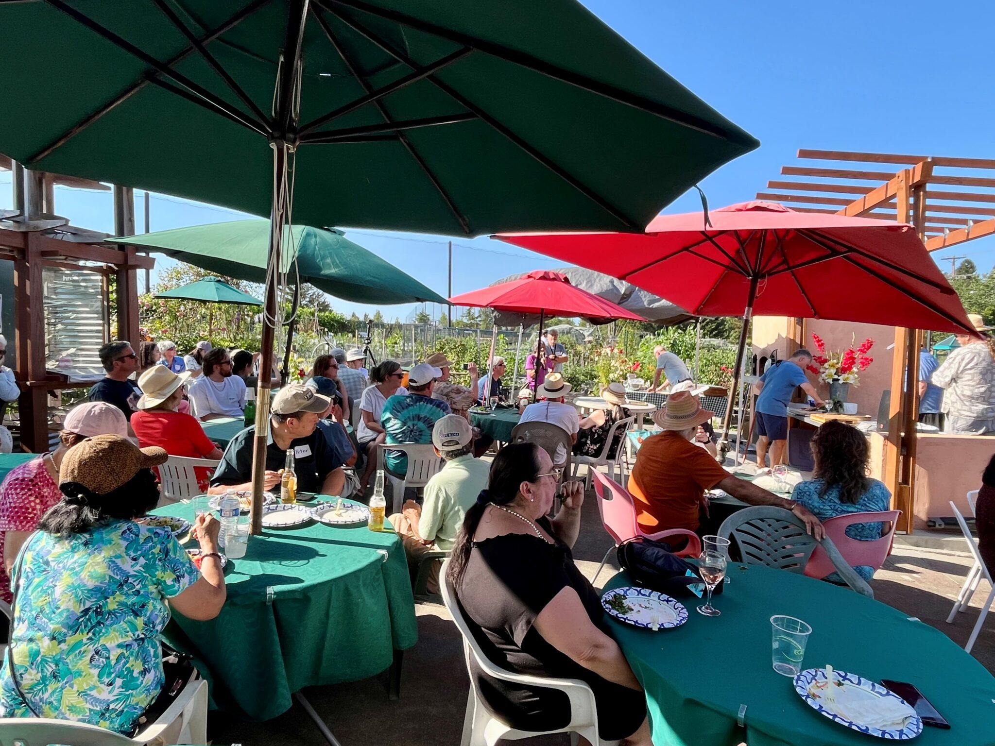 A large group of people sitting at tables in the courtyard in the center of a community garden